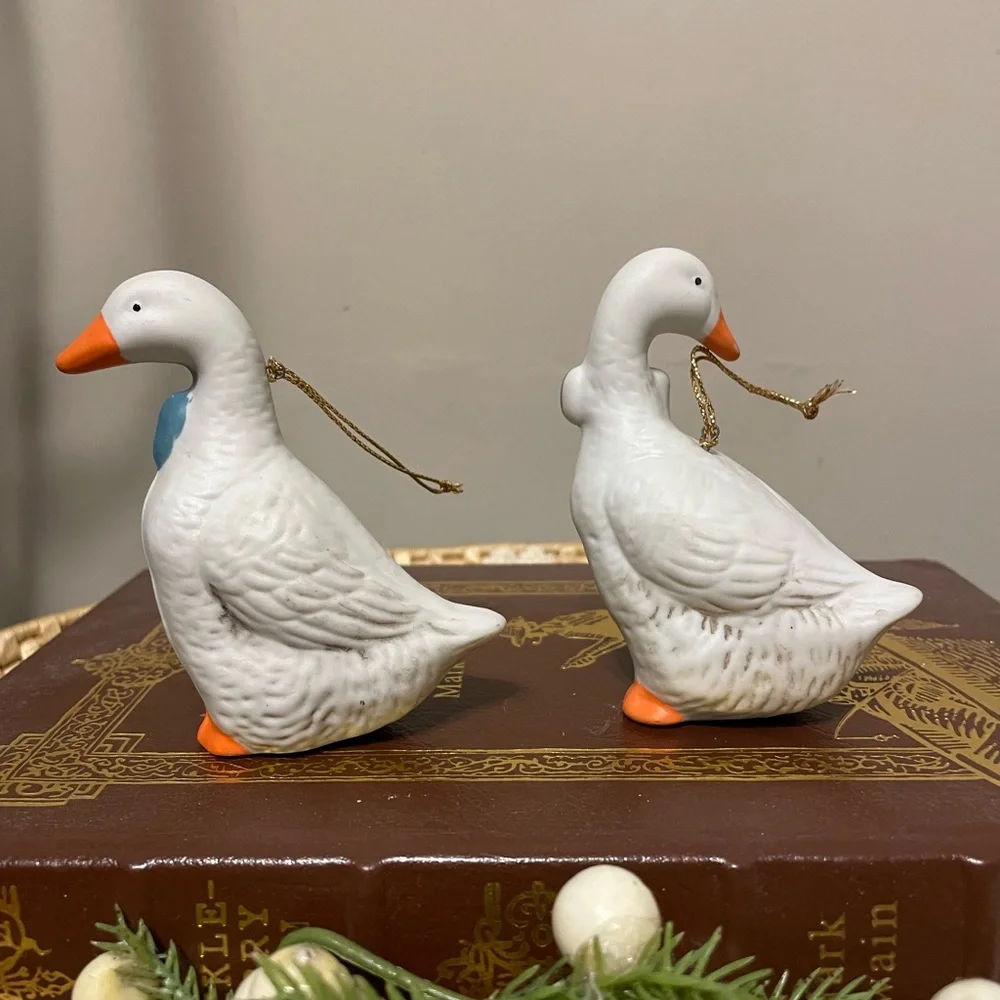 Vintage Blue Bow Geese Bisque Ornaments Set of Two